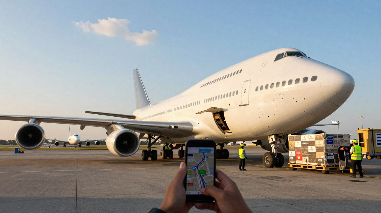 Avião cargueiro branco sendo carregado com caixas, com pessoa segurando celular mostrando mapa.
