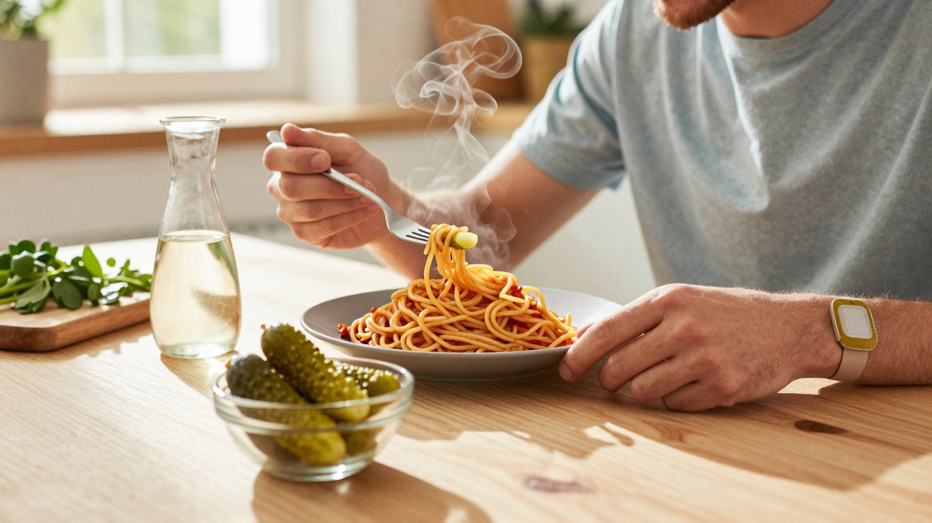 Pessoa segurando garfo com macarrão quente em prato cinza, mesa de madeira com pepinos e jarra d'água.