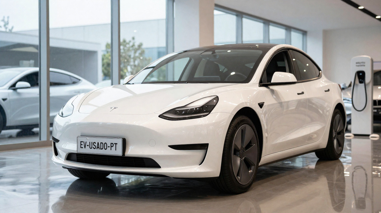 Carro elétrico branco Tesla Model 3 exibido em showroom com carregador ao fundo.