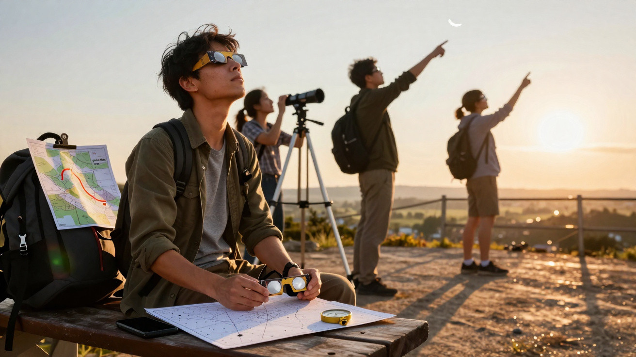 Grupo de jovens em trilha observando eclipse solar com mapas e óculos especiais ao pôr do sol.