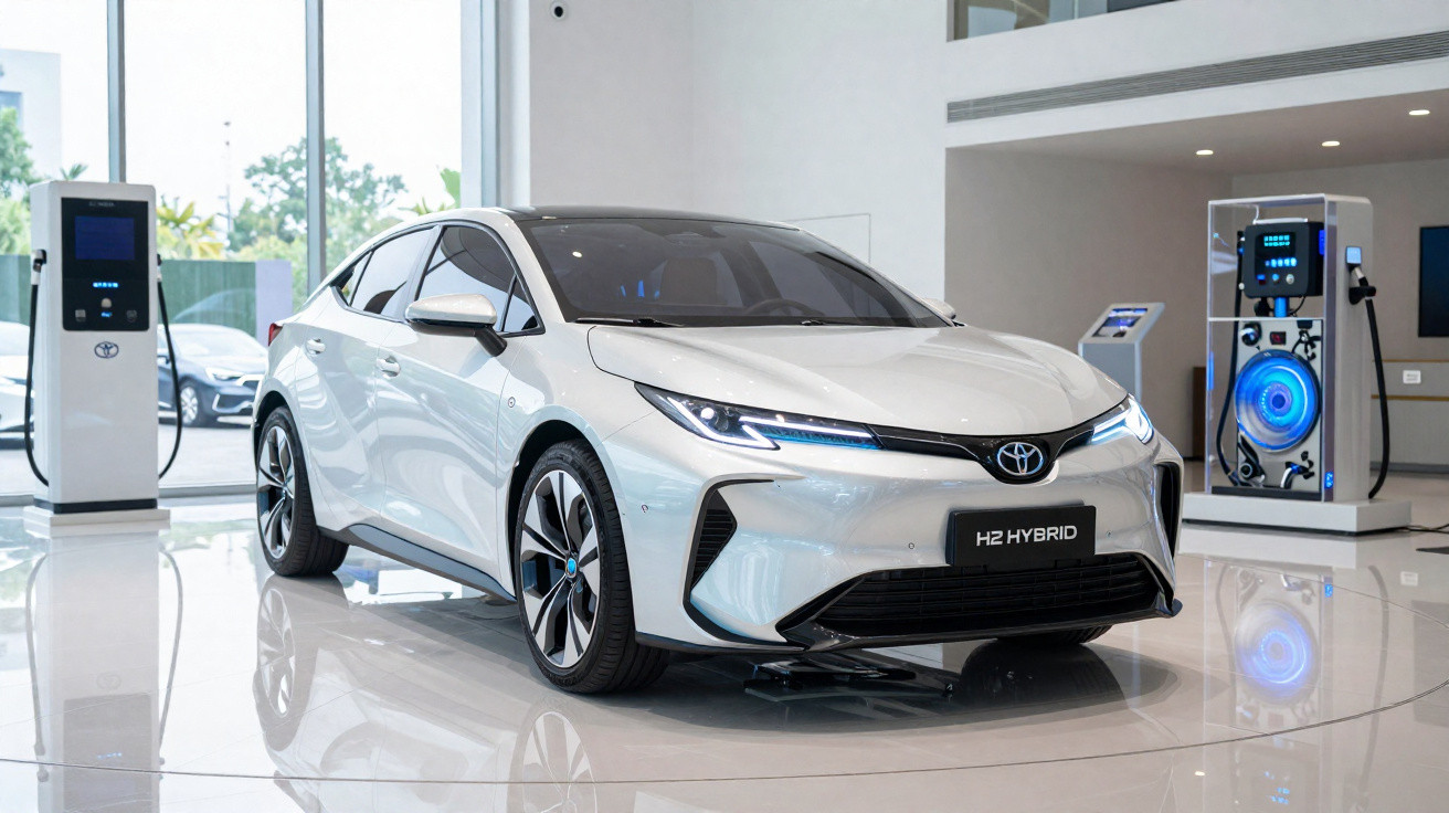 Carro híbrido Toyota H2 Hybrid branco exibido em showroom moderno com piso brilhante.