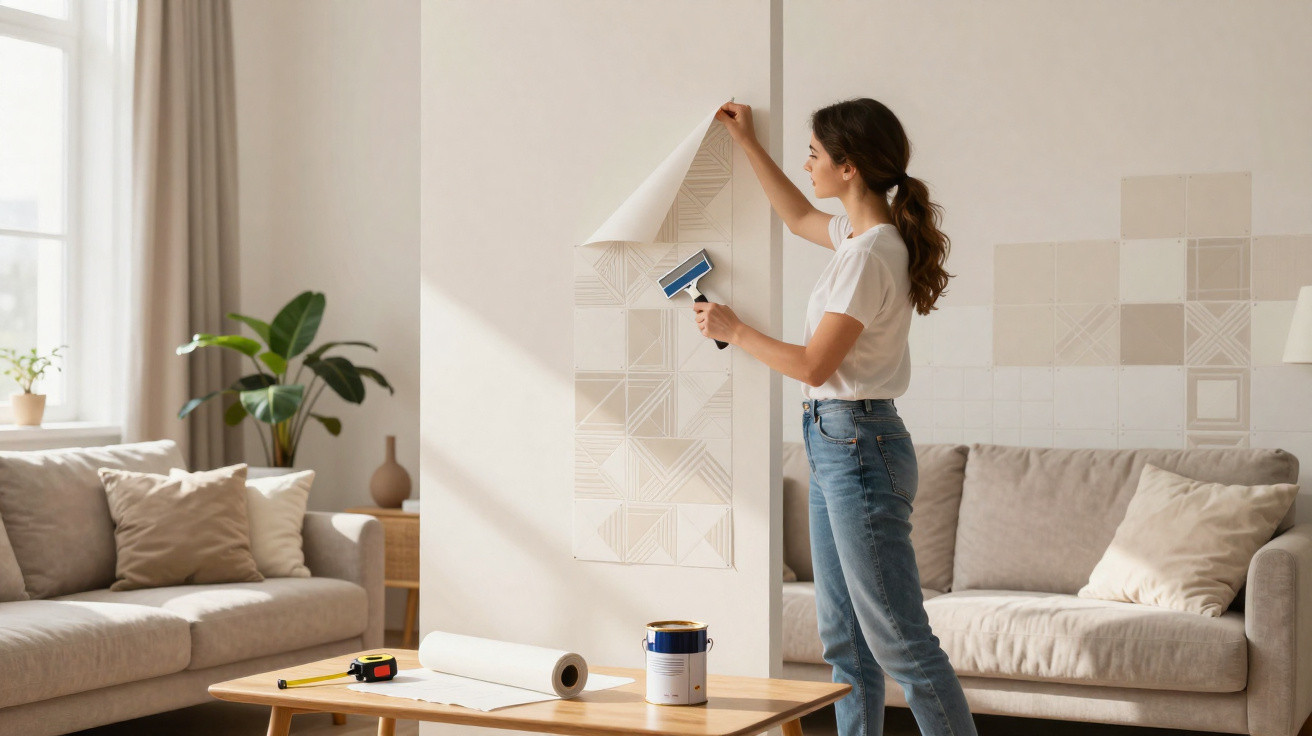 Mulher aplicando papel de parede bege em sala de estar com sofá e plantas ao fundo.
