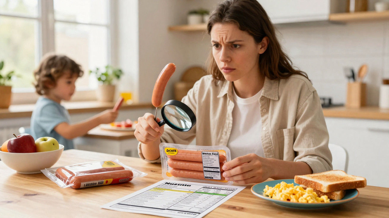 Mulher confusa lê informação nutricional de salsicha com lupa, criança come ao fundo na cozinha.