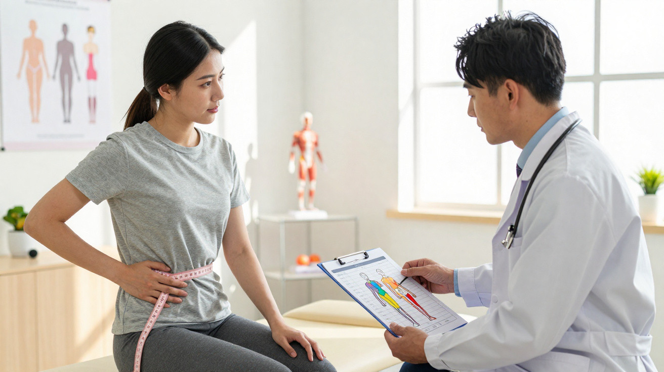 Paciente feminina sentada com fita métrica na cintura conversando com médico em consultório.