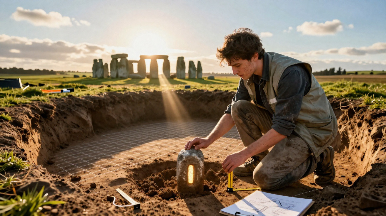 Arqueólogo escava sítio próximo a Stonehenge ao pôr do sol, medindo e analisando achado no chão.