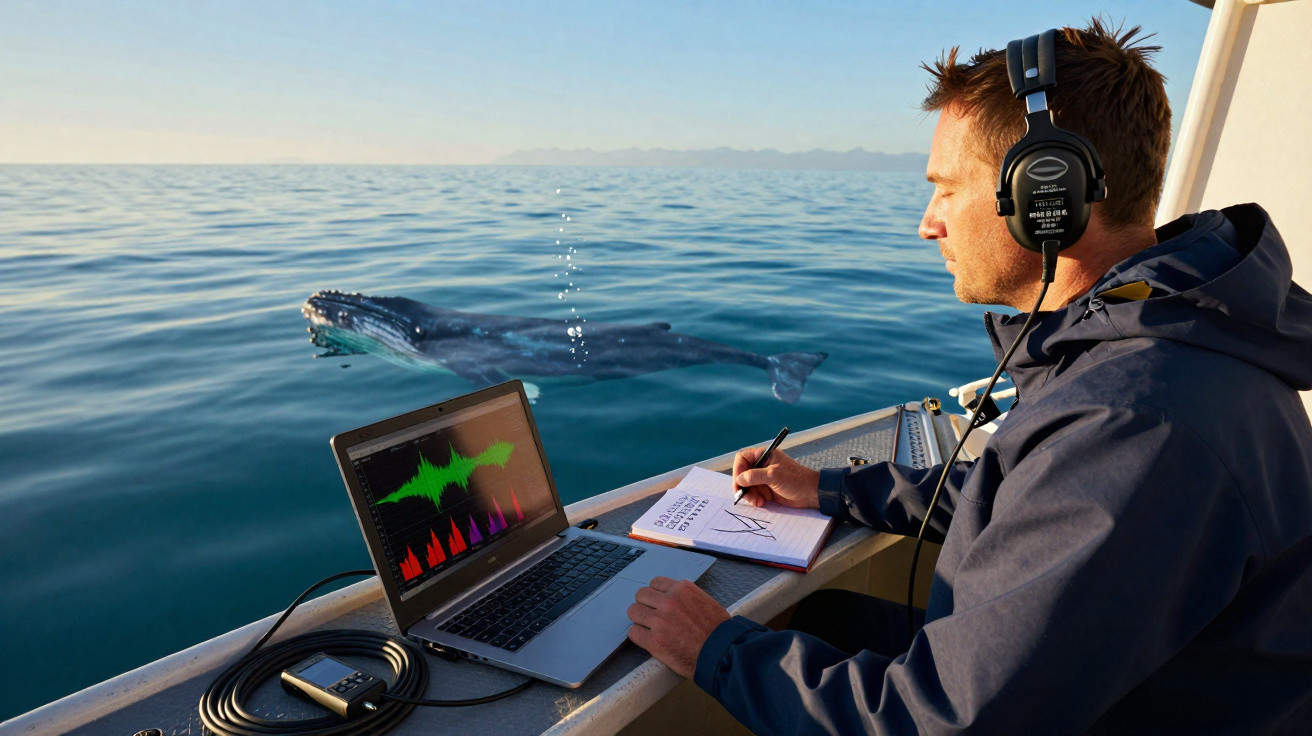 Pesquisador com fones em barco anotando dados enquanto baleia emerge do oceano ao amanhecer.