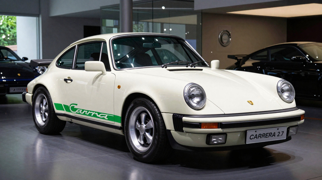 Carro esportivo Porsche Carrera 2.7 branco exibido em ambiente interno com detalhes verdes nas laterais.