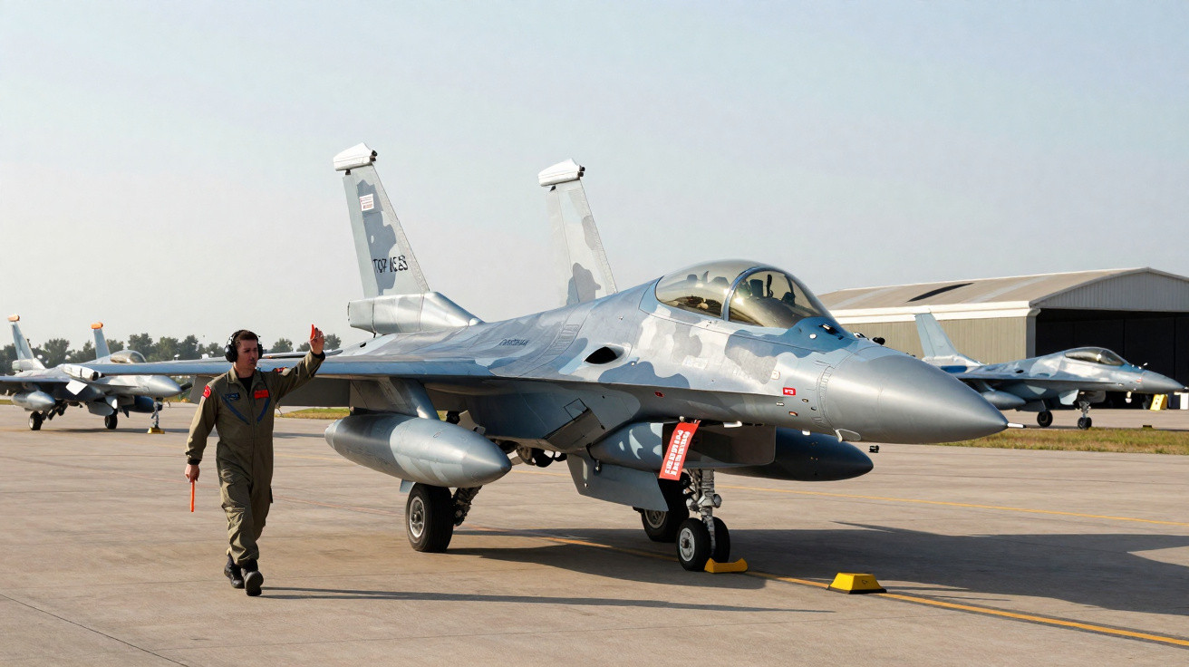 Aeronave de caça F-16 estacionada em pista com técnico militar caminhando ao lado no dia claro.
