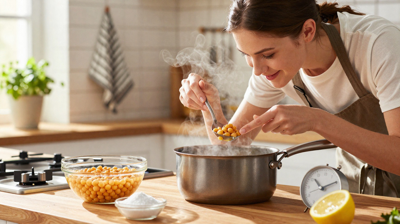 Mulher adiciona grão-de-bico em panela com vapor na cozinha iluminada e organizada.