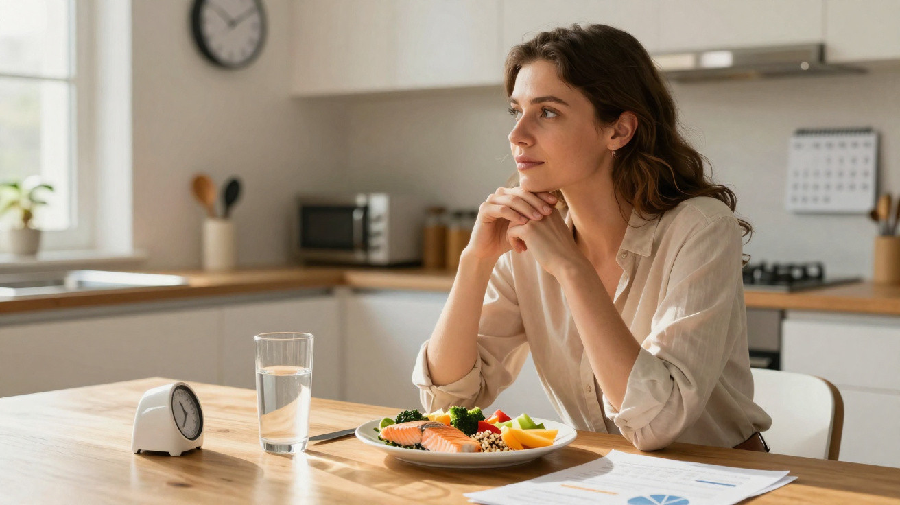 Mulher sentada à mesa na cozinha, olhando pela janela com prato de comida saudável à frente.