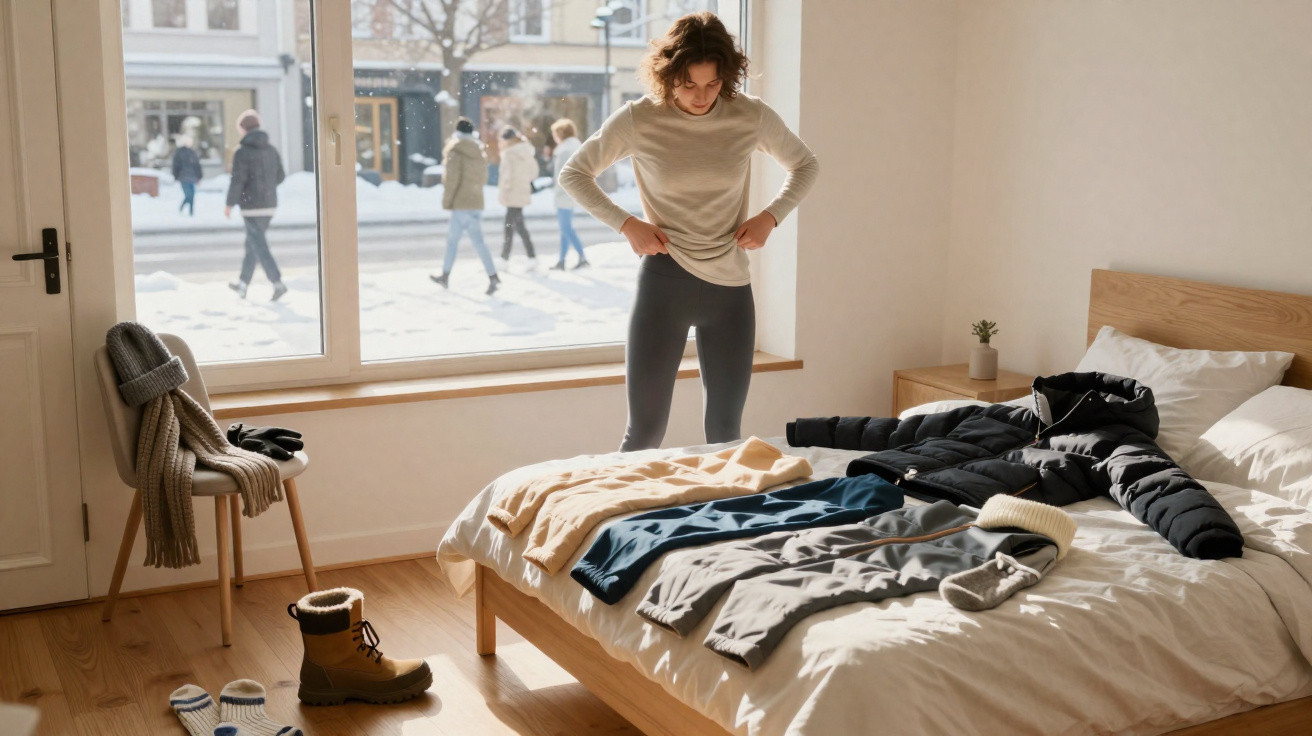 Pessoa em quarto claro se preparando para sair, com roupas de inverno sobre a cama e bota ao chão.