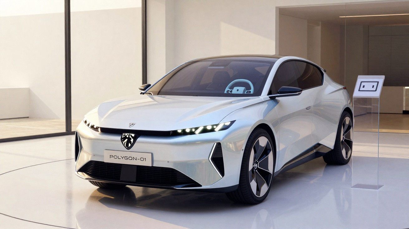 Carro elétrico branco Polygon-01 em exposição moderna com luz natural.