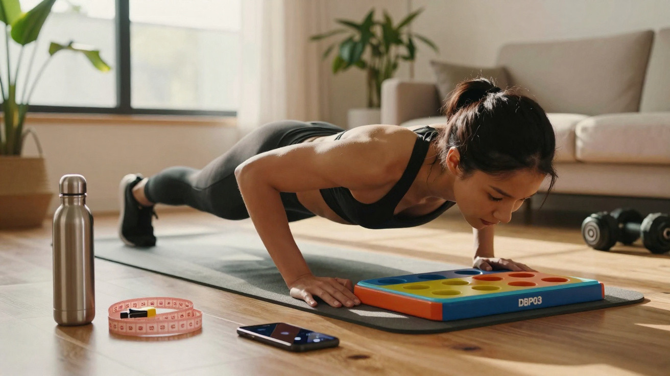 Mulher fazendo flexão no tapete de yoga com garrafa, fita métrica e celular ao lado em sala iluminada.