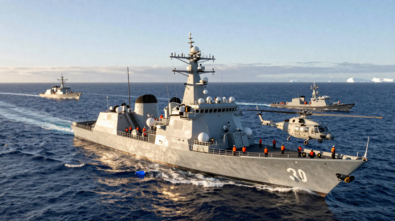 Navios militares em formação no mar com helicóptero pousado na proa do navio principal.