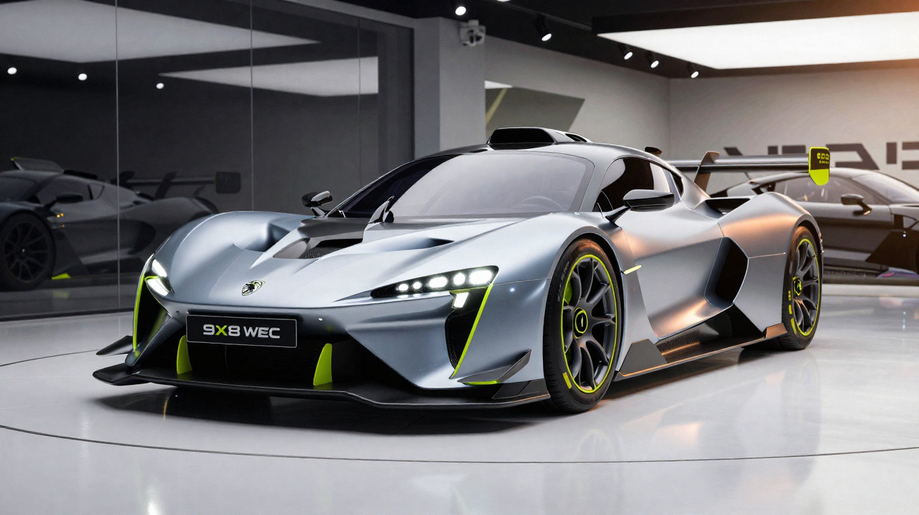 Carro esportivo prata 9X8 WEC com detalhes verdes em showroom moderno, refletindo no chão brilhante.