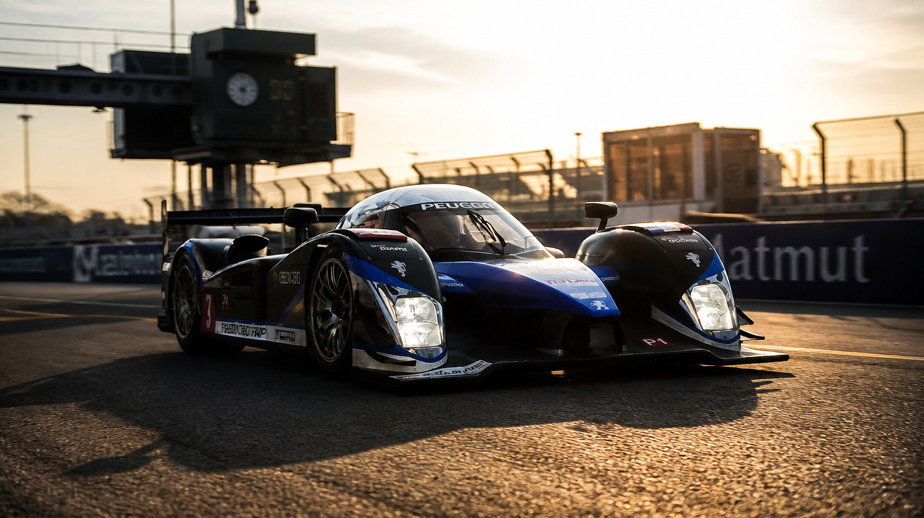 Carro de corrida Peugeot P1 preto e azul na pista durante pôr do sol.