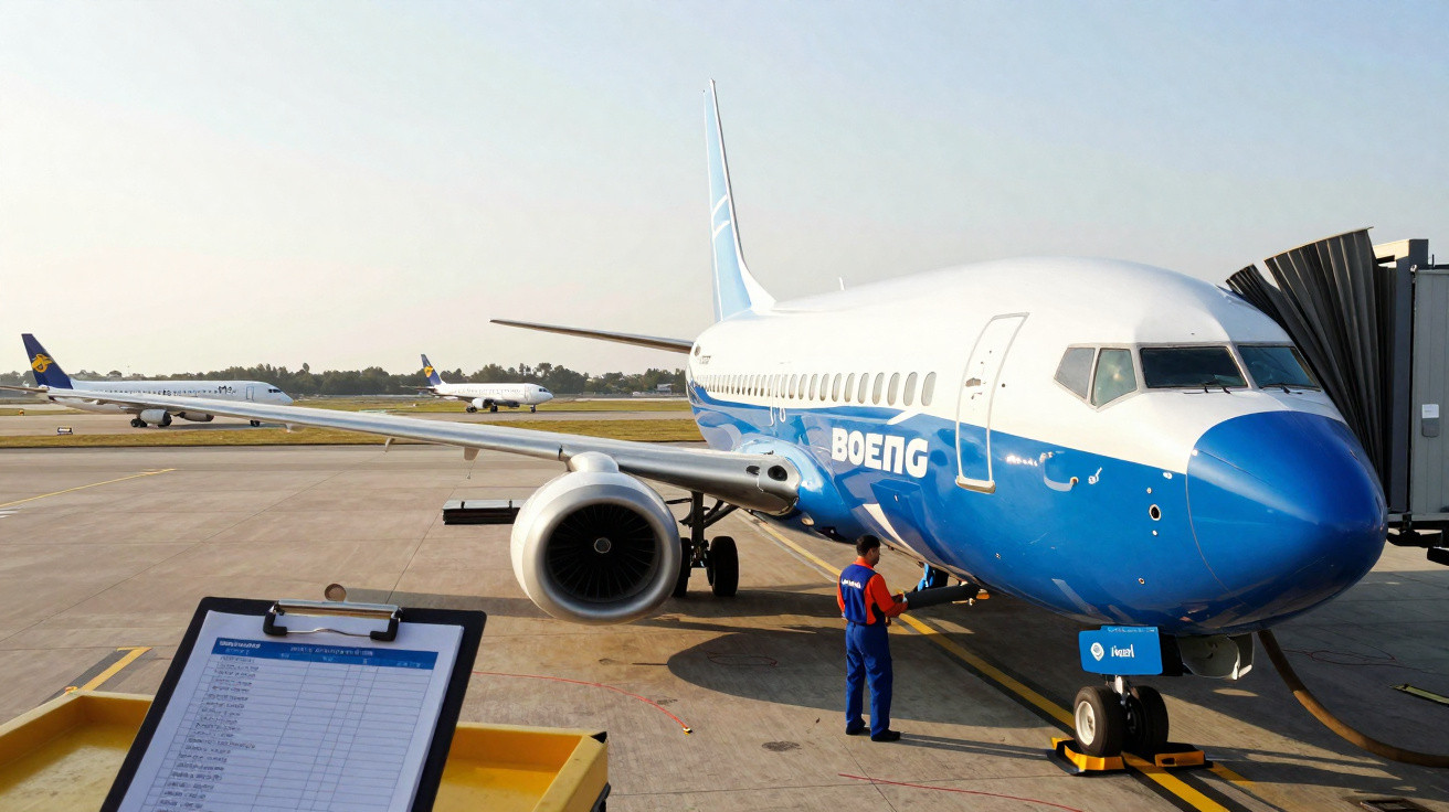 Avião Boeing estacionado no portão de embarque com técnico realizando manutenção no aeroporto.