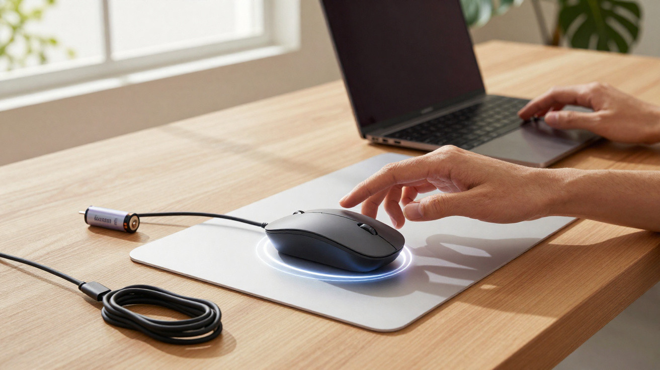 Pessoa usando mouse sem fio equipado com bateria recarregável ao lado de notebook em mesa de madeira.