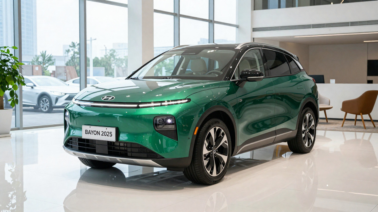 Carro SUV verde Hyundai Bayon 2025 em showroom moderno com janelas grandes e cadeiras ao fundo.
