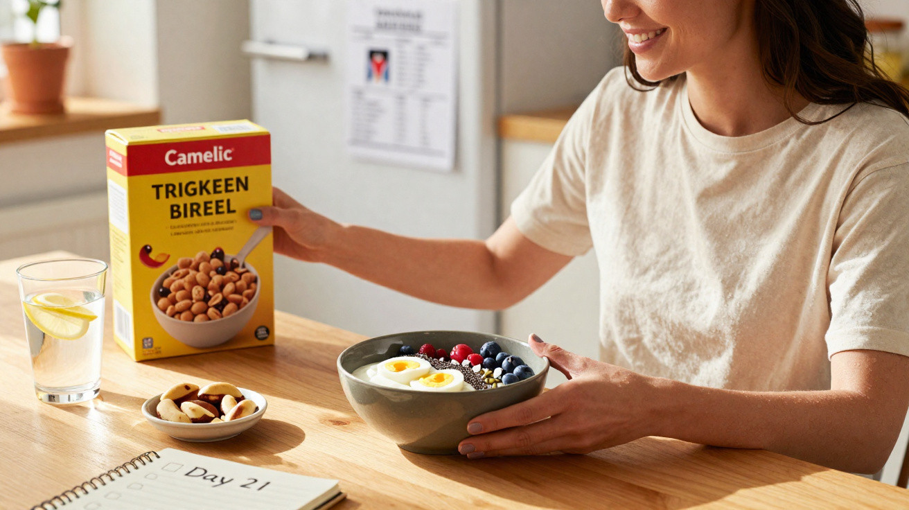 Mulher sorridente segurando tigela de cereal com frutas, caixa de cereal e copo com água e limão na mesa.