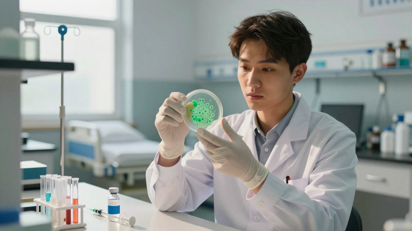 Cientista jovem em laboratório analisando petri com colônia bacteriana verde usando luvas.