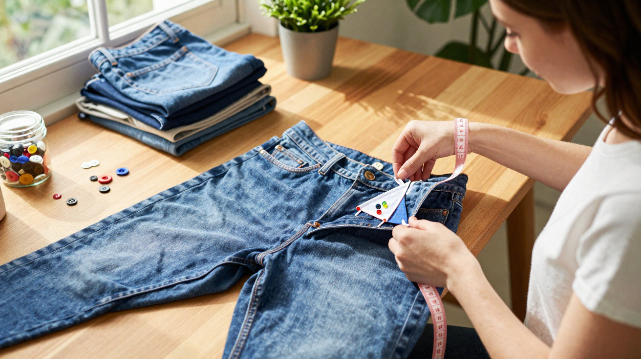 Mulher costurando botão em jeans com alfinetes e fita métrica sobre mesa de madeira.