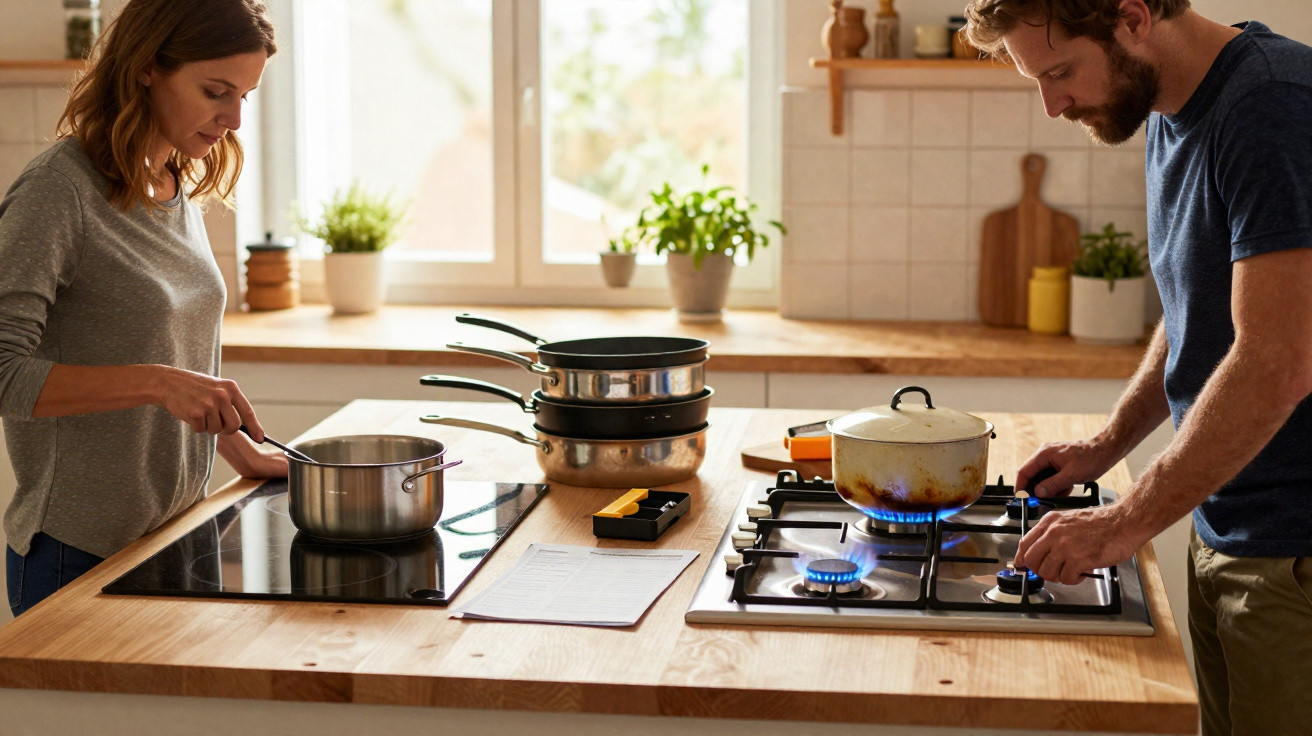 Casal cozinhando junto em cozinha moderna com fogão elétrico e gás, utensílios e plantas na bancada.