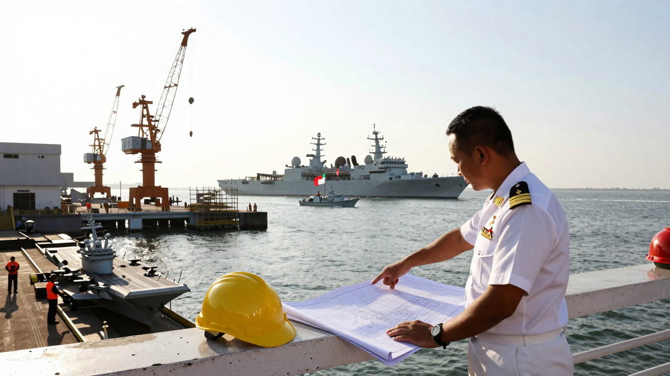 Oficial naval com farda branca analisando plantas na doca com navios e guindastes ao fundo.