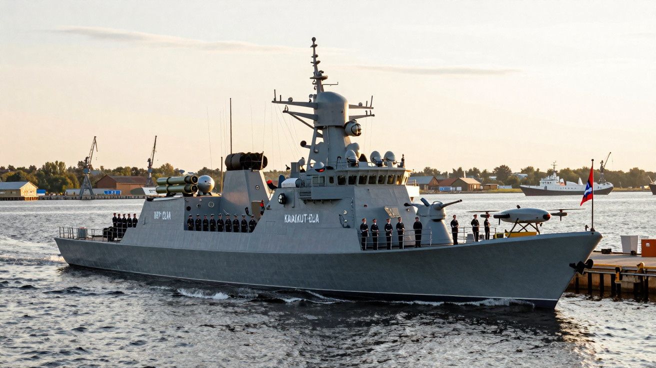 Navio militar cinza com tripulação alinhada, navegando próximo a um porto ao entardecer.