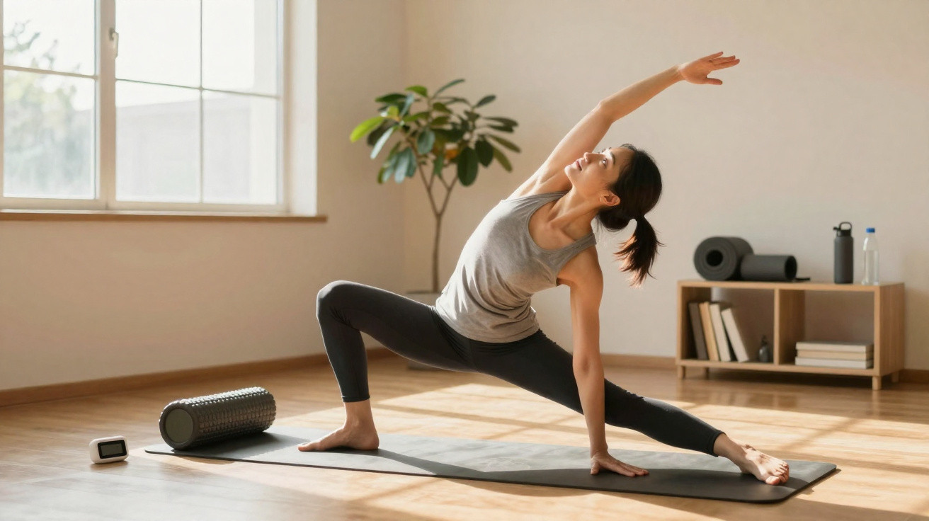 Mulher praticando yoga em posição lateral aberta em tapete, em ambiente interno iluminado.