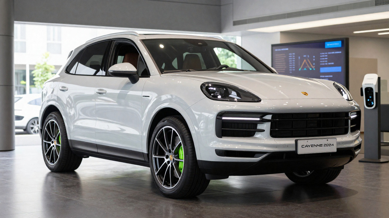 SUV branco Porsche Cayenne 2024 em exibição em showroom moderno com rodas pretas e detalhes verdes.