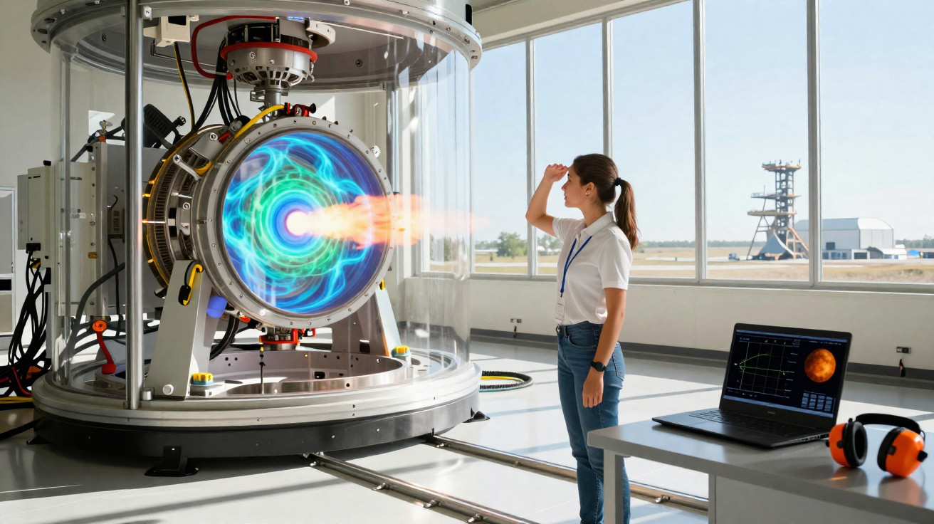 Mulher observando experimento de propulsor avançado em laboratório com computador e janelas grandes.