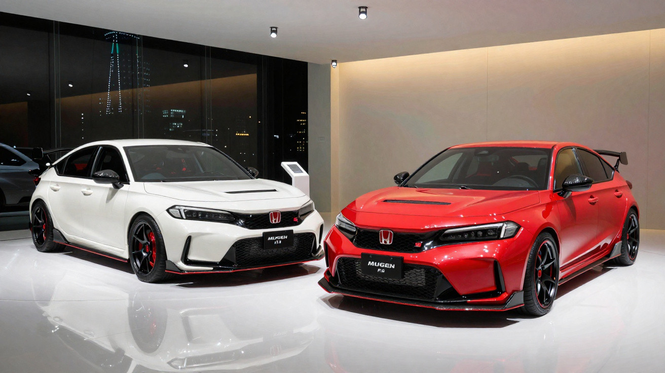Dois carros esportivos Honda Mugen, um branco e um vermelho, em exibição interna com piso branco brilhante.