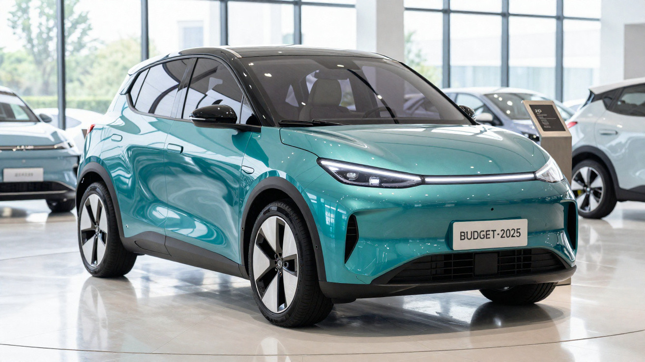 Carro elétrico compacto azul com teto preto exibido em showroom moderno com grandes janelas.