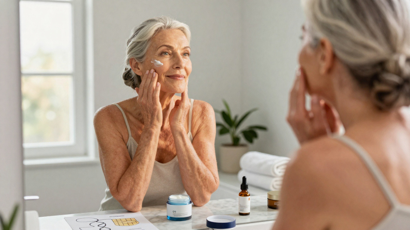 Mulher madura aplicando creme facial em frente ao espelho em banheiro iluminado naturalmente.