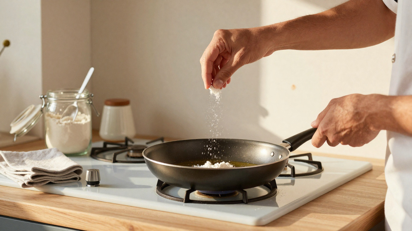 Mãos temperando ingredientes em frigideira sobre fogão a gás em cozinha clara e organizada.