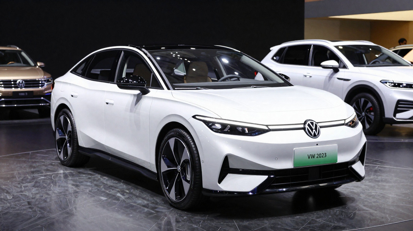 Carro elétrico branco Volkswagen VW 2023 em exposição, com design moderno e teto preto.