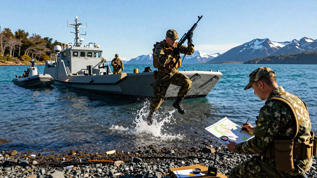 Soldados em uniforme de camuflagem desembarcando de barco em praia com montanhas ao fundo.