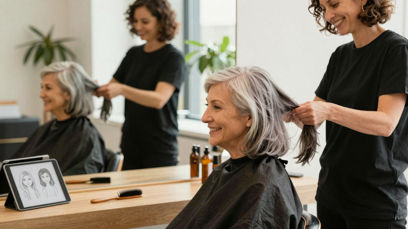 Mulher sorridente com cabelo grisalho sendo atendida por cabeleireira em salão moderno com espelho grande.