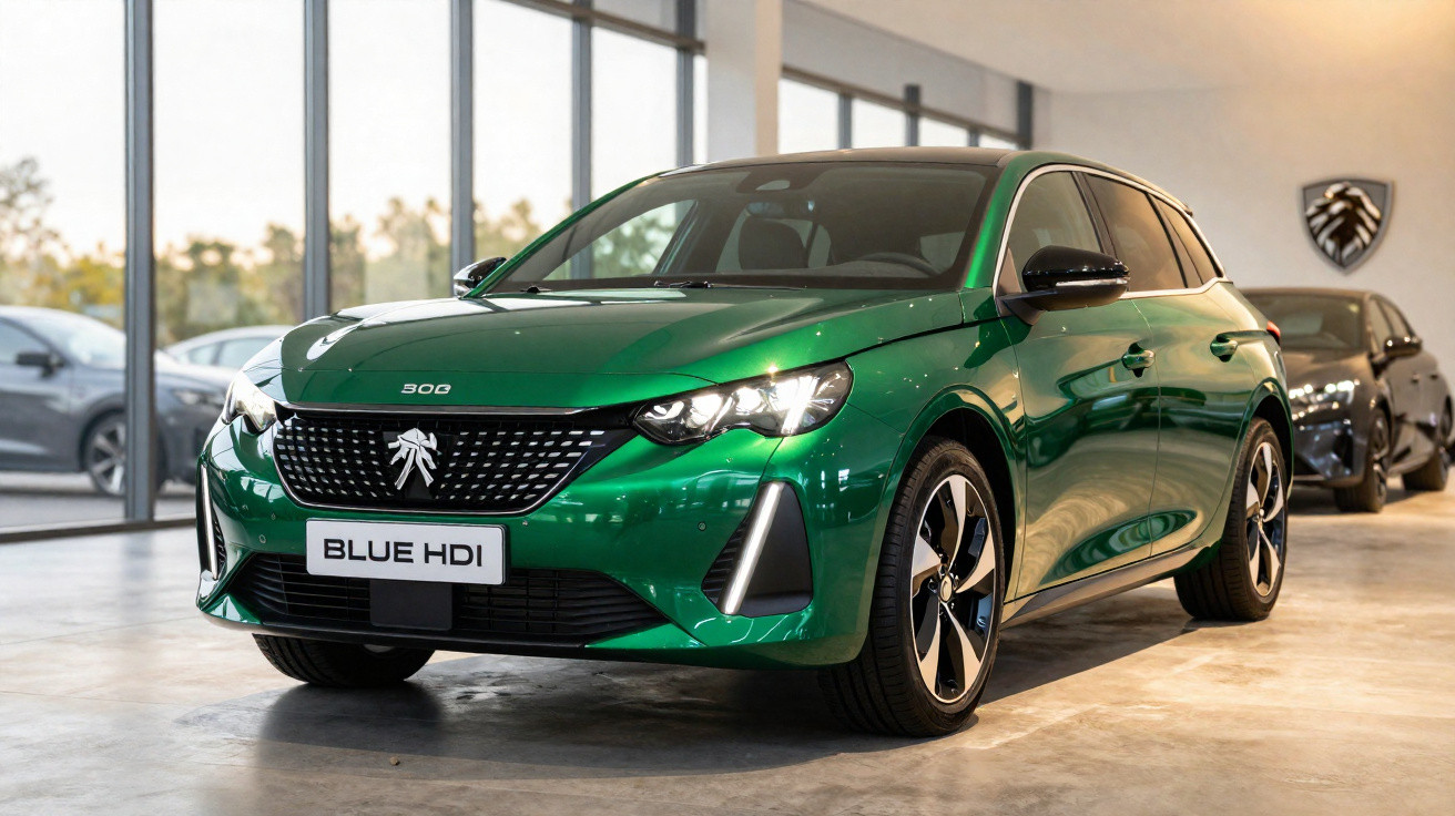 Carro Peugeot 308 verde metálico estacionado em showroom com placa Blue HDI.