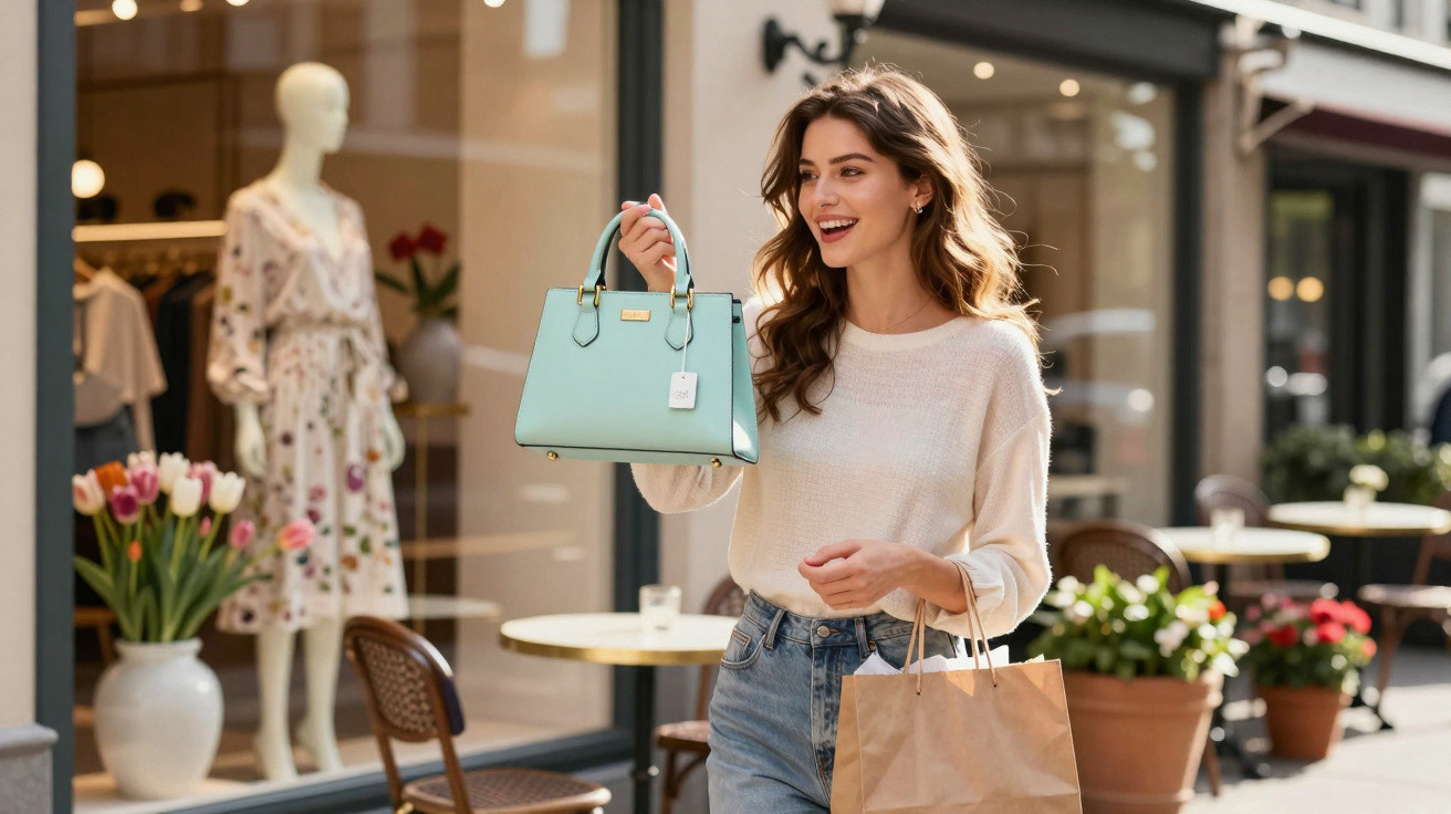 Mulher sorrindo segurando bolsa azul clara e sacola de papel em rua com lojas e flores.
