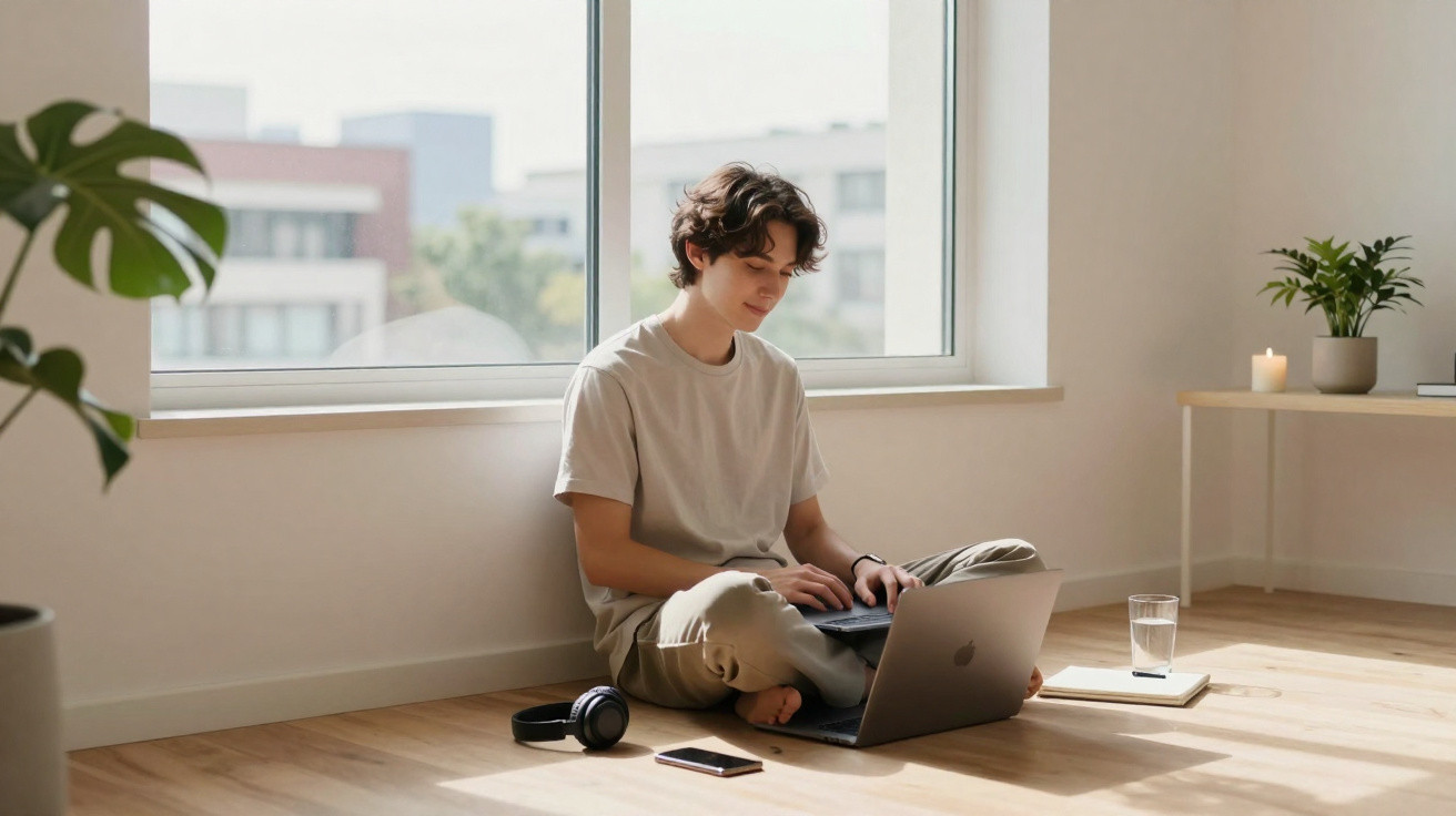 Jovem sentado no chão perto da janela usando laptop com fones, celular, copo d'água e vela ao lado.