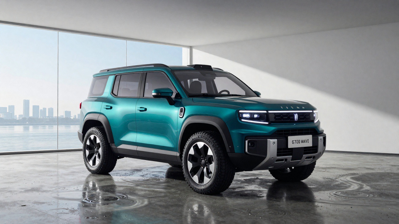 SUV verde metálico estacionado em piso de cimento polido com vista para cidade ao fundo.