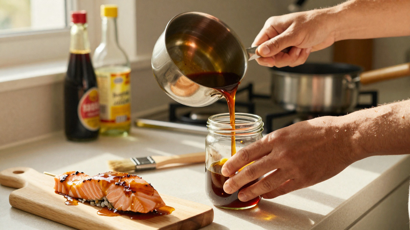 Pessoa despejando molho em pote de vidro, com salmão e arroz na tábua de madeira em bancada.