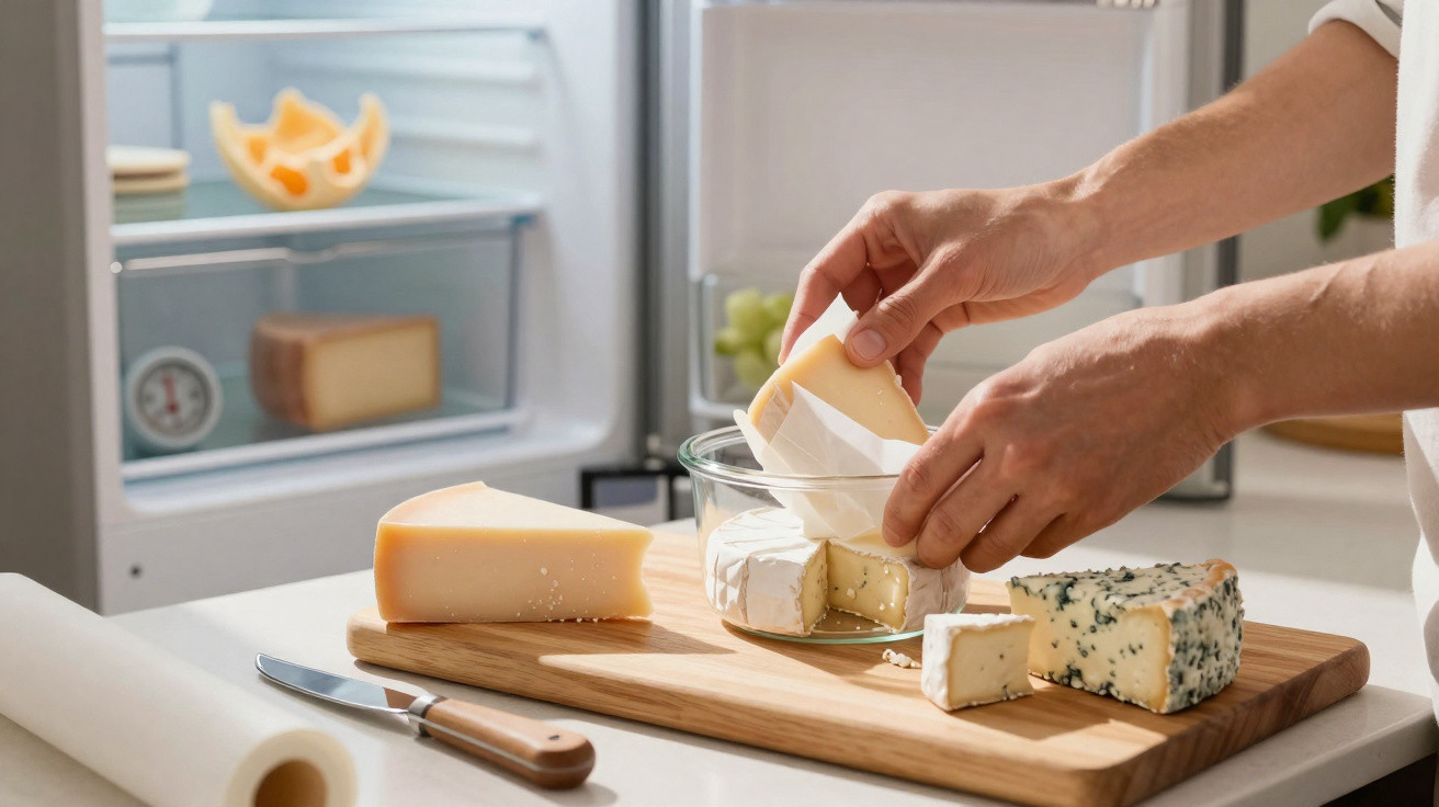 Mãos colocando queijo em um pote de vidro sobre tábua com vários tipos de queijo ao lado da geladeira aberta.