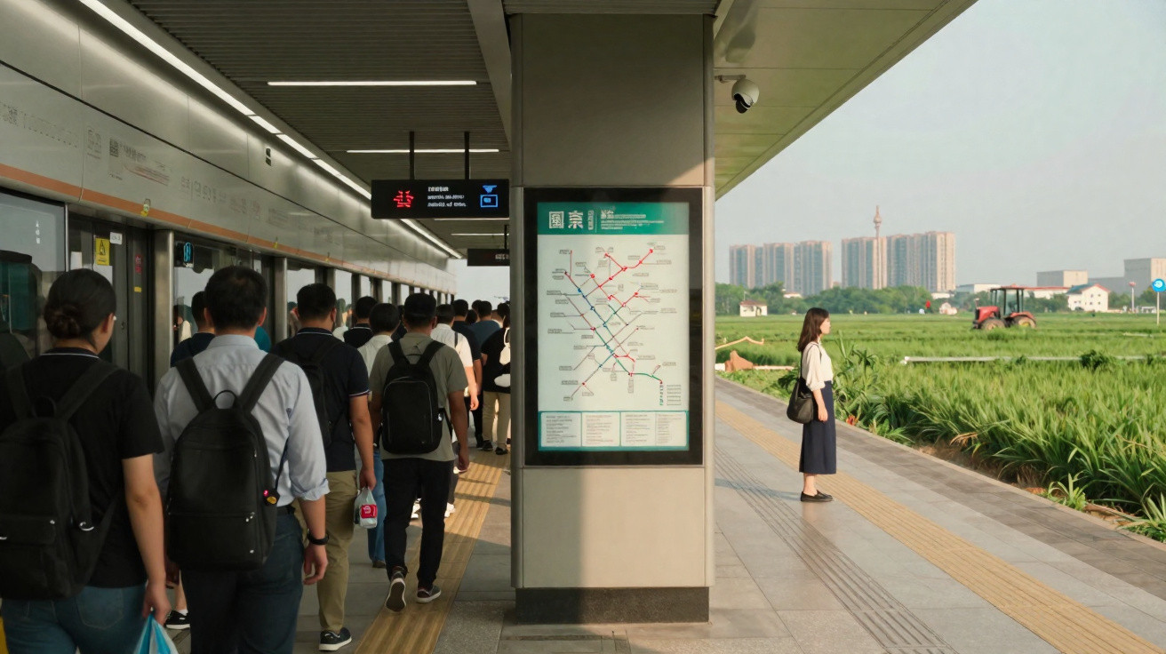 Plataforma de metrô em área urbana, com várias pessoas caminhando e uma mulher esperando sozinha.