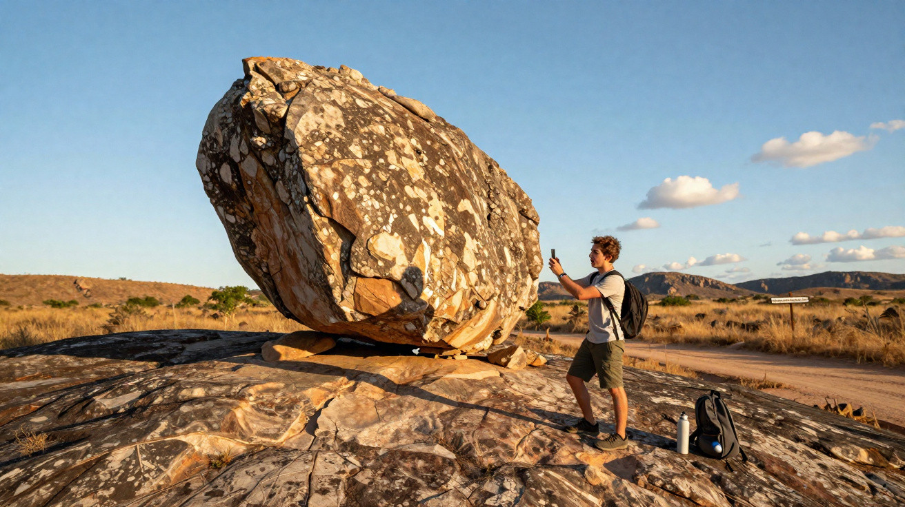 Homem com mochila fotografa pedra grande apoiada em pedra plana em paisagem seca e ensolarada.