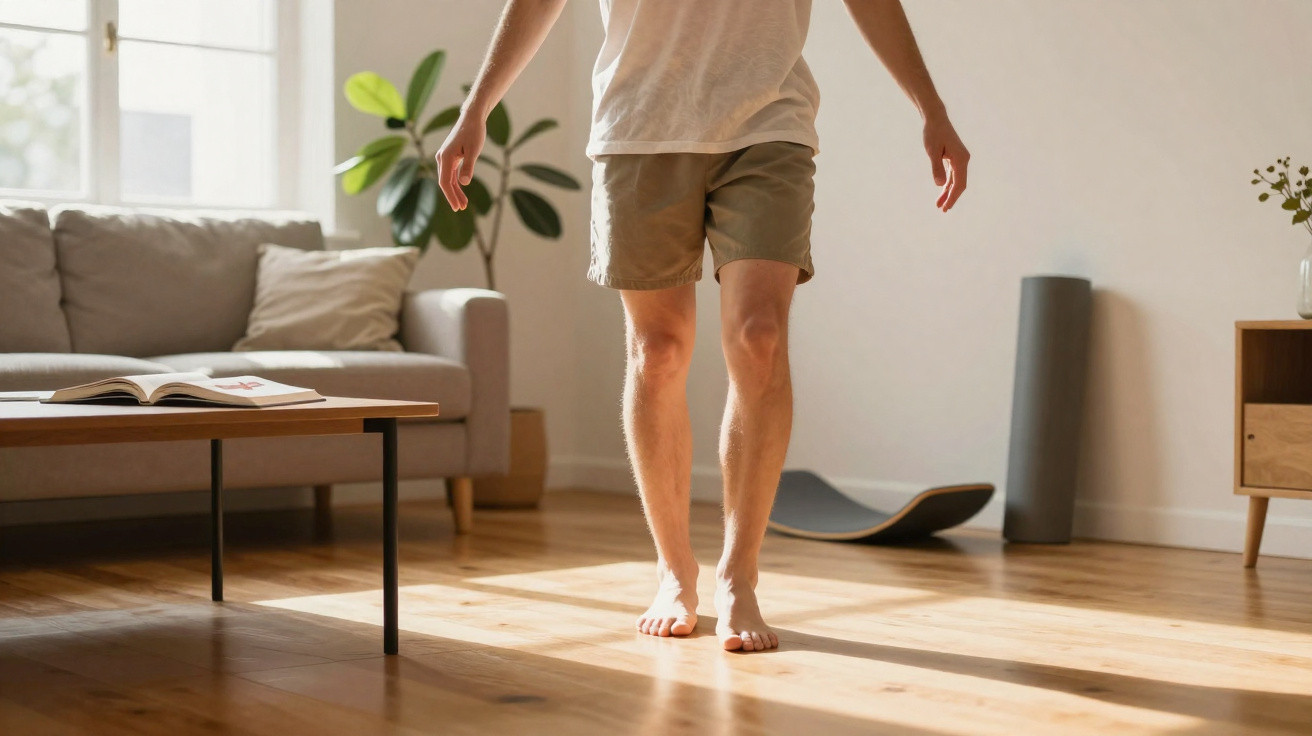 Pessoa descalça caminhando em sala com sofá, mesa, planta e luz natural entrando pela janela.