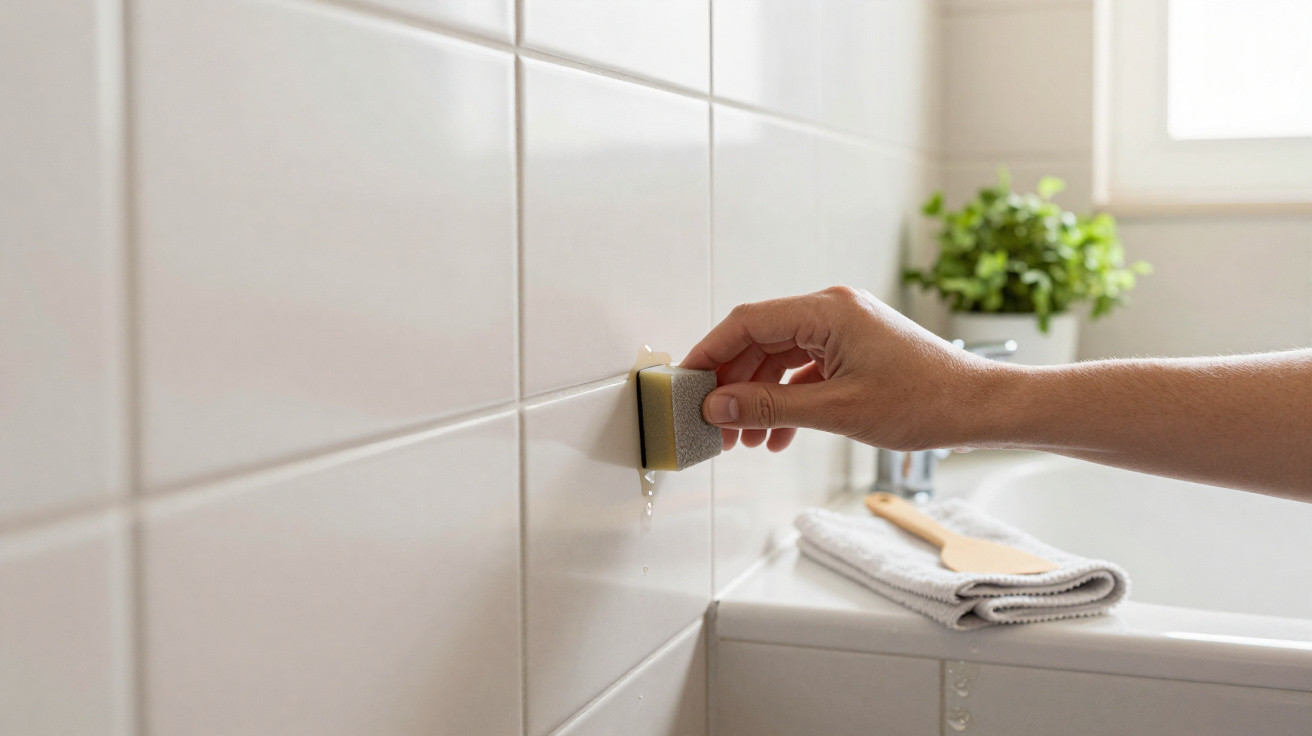 Mão segurando esponja para limpar azulejos brancos em banheiro com pia e planta ao fundo.