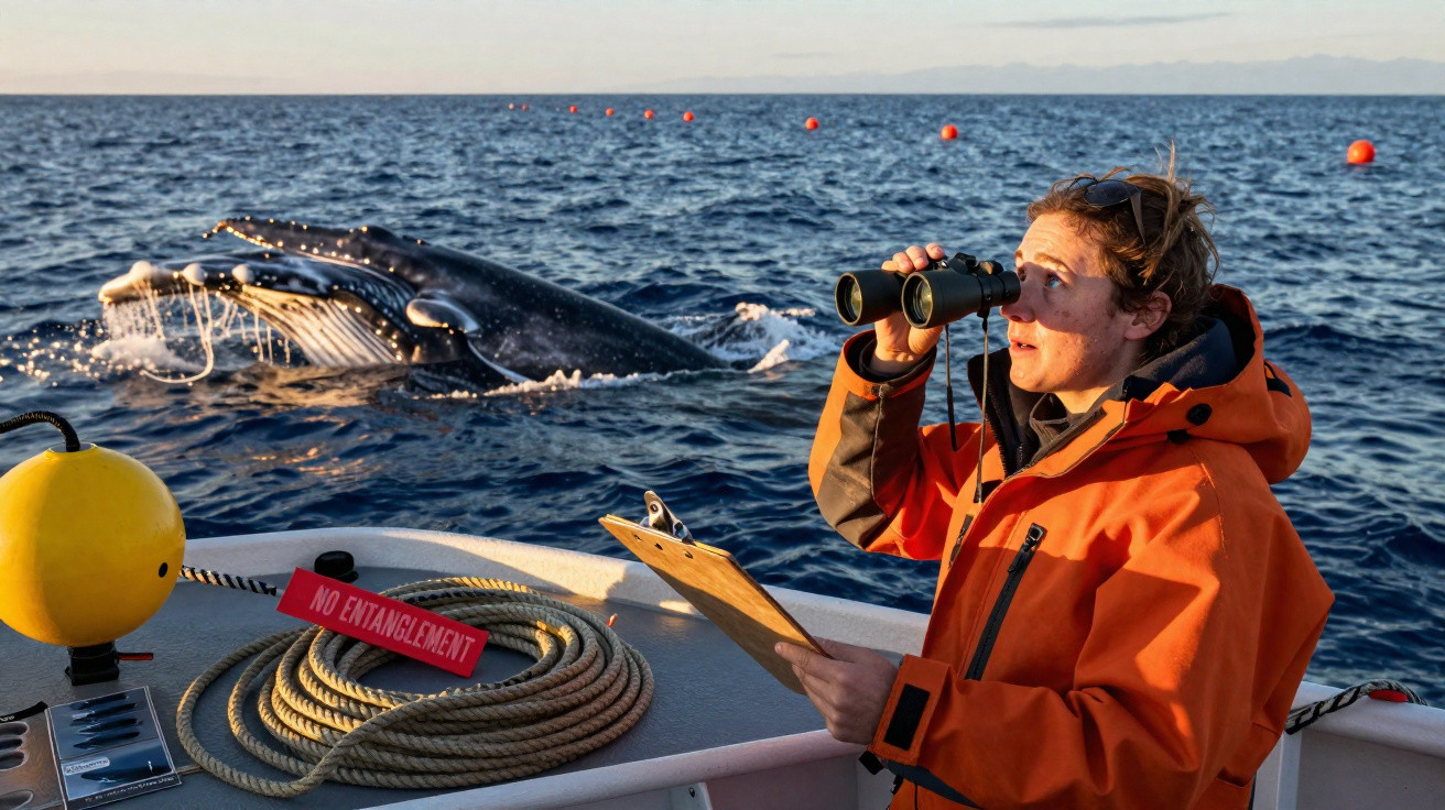 Pessoa em jaqueta laranja observando baleia com binóculo de barco durante o dia no mar calmo.